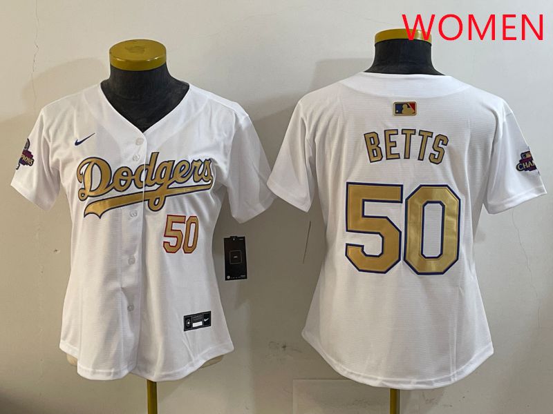 Women Los Angeles Dodgers #50 Betts White Champion gold character 2025 Nike MLB Jersey style 409->women mlb jersey->Women Jersey
